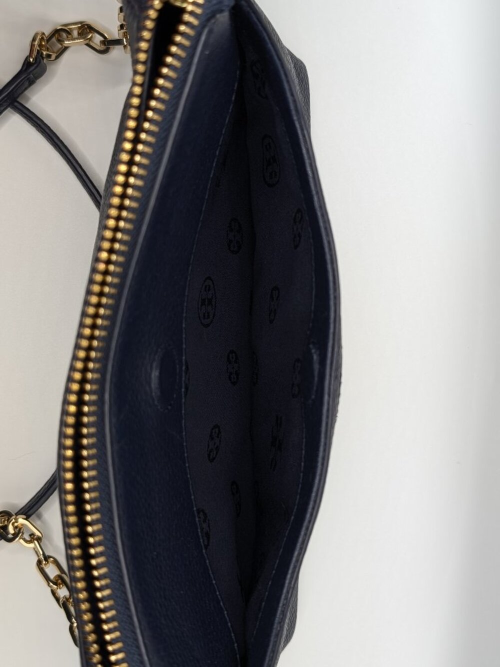 Tory Burch Navy Perry Bombé Double-Zip Crossbody | Gold Chain Strap | Pebbled - Picture 6 of 7